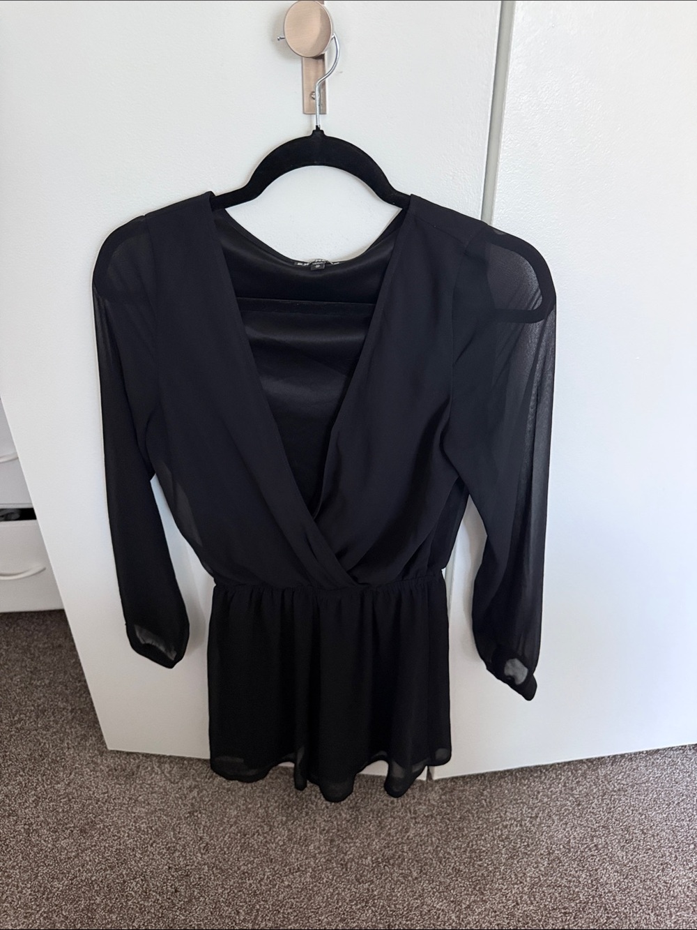 Express Black Long-Sleeve Chiffon Surplice Peplum Top